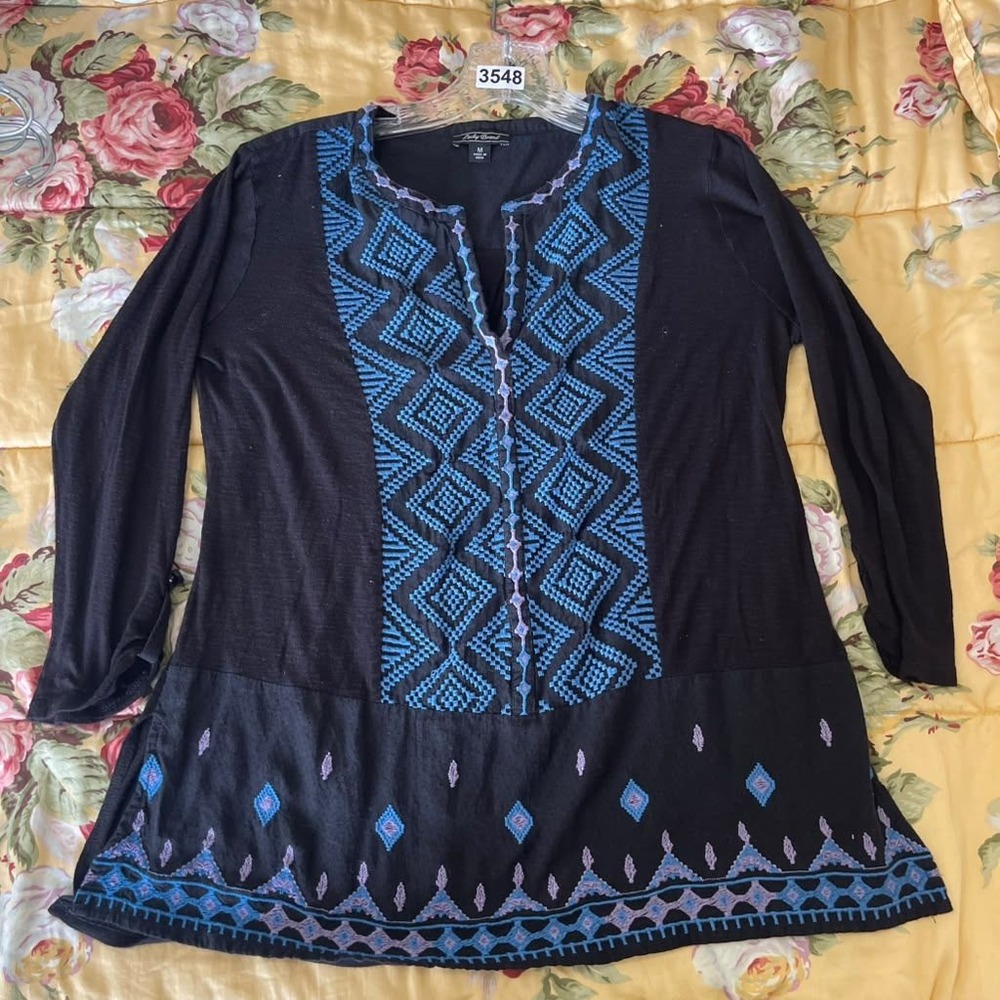 Lucky Brand Womens M Black Embroidered Boho Tunic Top Long Sleeve Split V-Neck